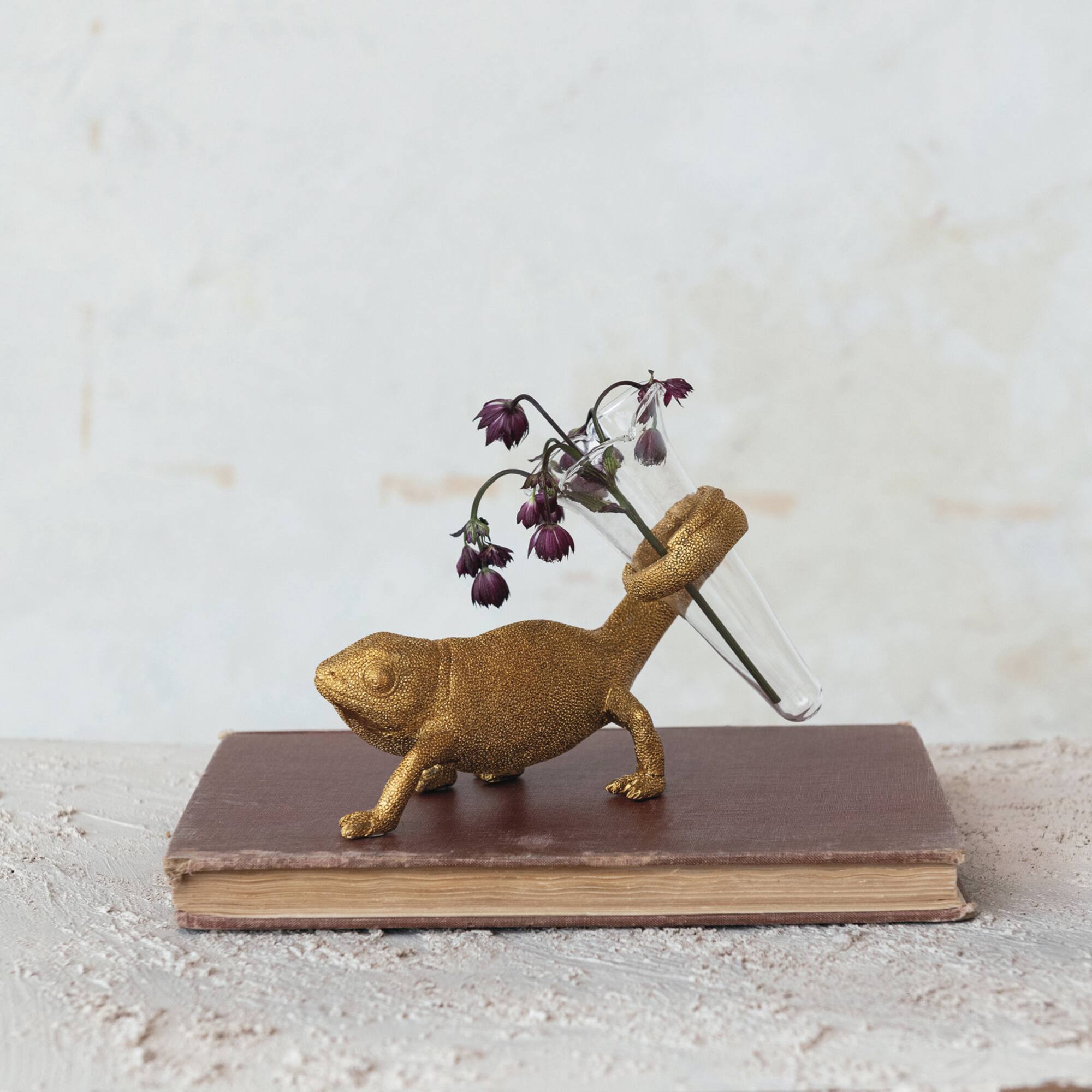 Hello Honey® 7.5" Long Gold Chameleon with Glass Vase